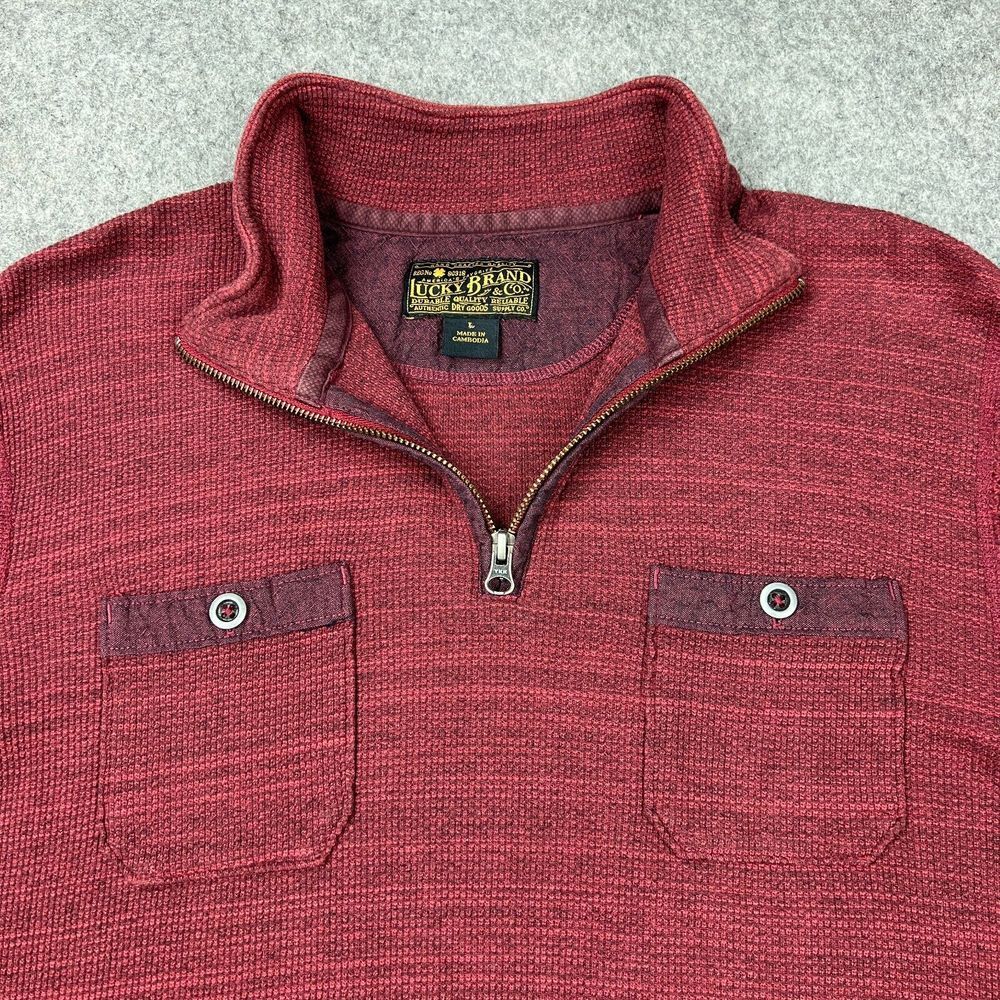 Lucky‎ Brand Sweater Mens Large Red Thermal 1/4 Zip Mock Neck Pullover Pockets - Picture 3 of 13